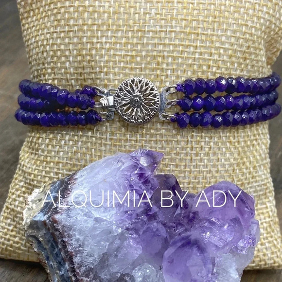 Cocktail Triple string silver statement Amethyst bracelet